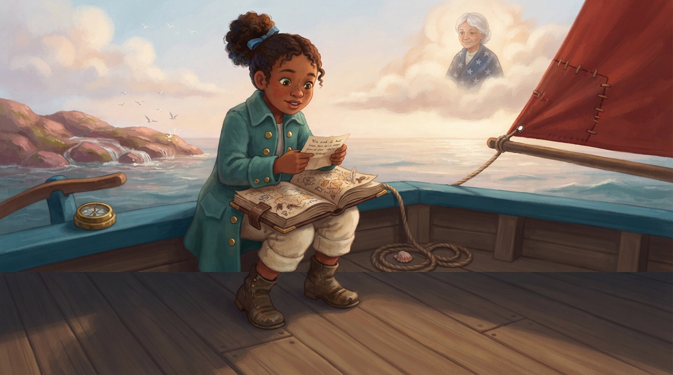 Ilo opens her atlas on Brisk while the pink dawn tide covers the Singing Reef.