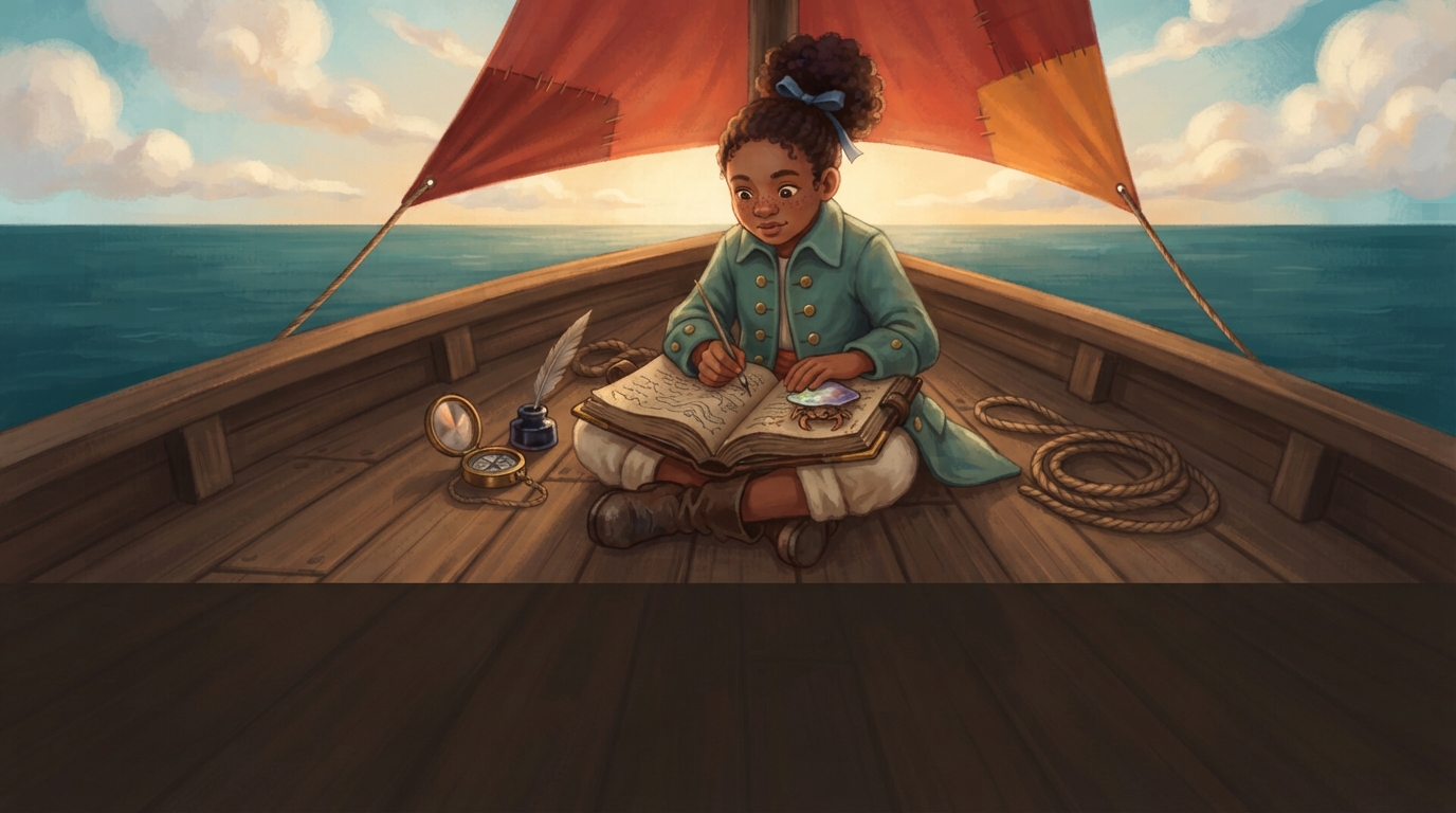 Ilo fills her atlas with painted marks, salt stains, a feather, and memories from the islands.