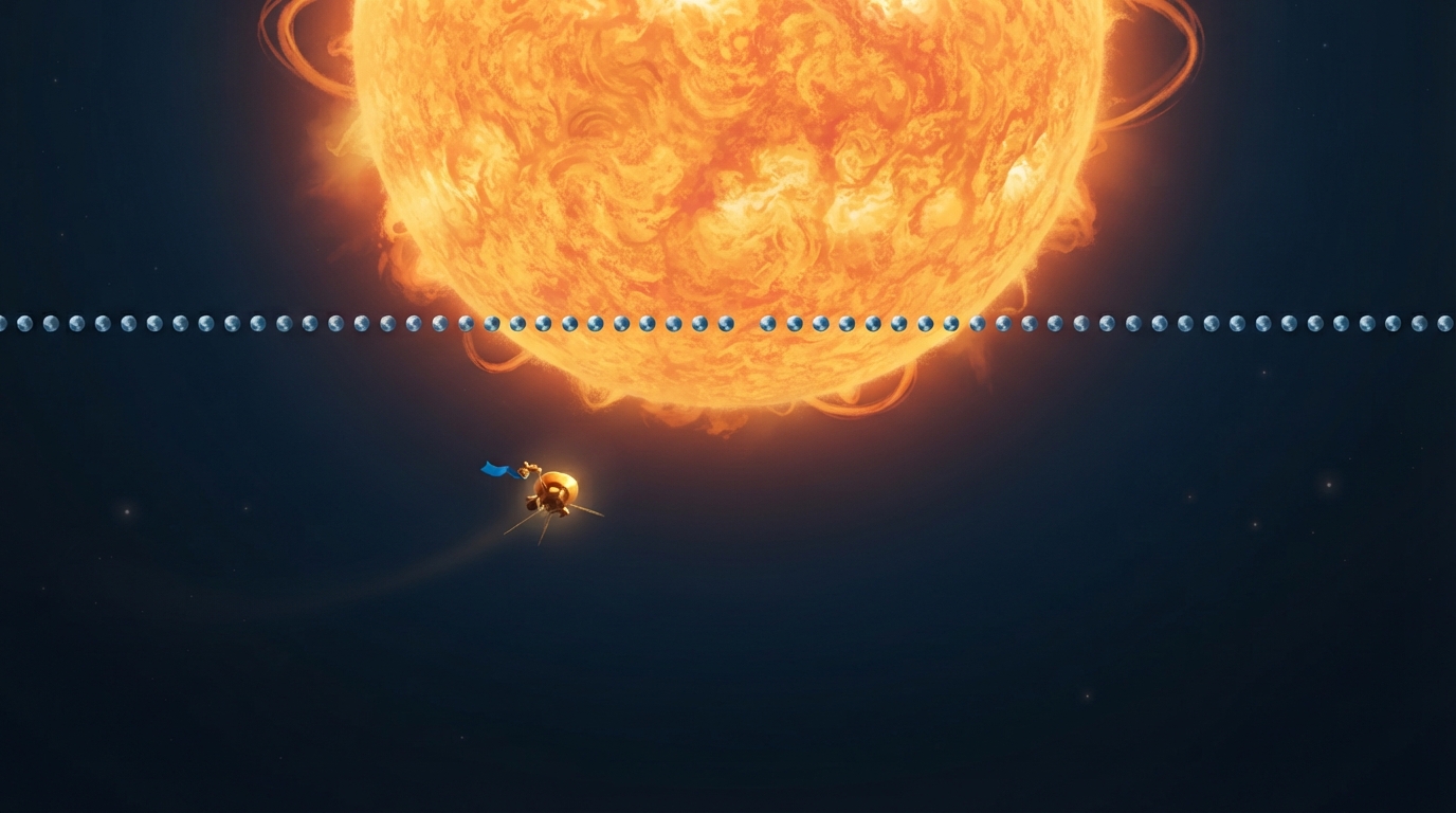 A tiny light-beam ship leaves the enormous glowing Sun beside a line of tiny Earths.