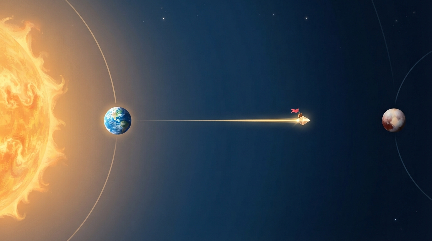 A golden sunbeam carrying a tiny ship travels from the Sun past Earth toward distant Pluto.