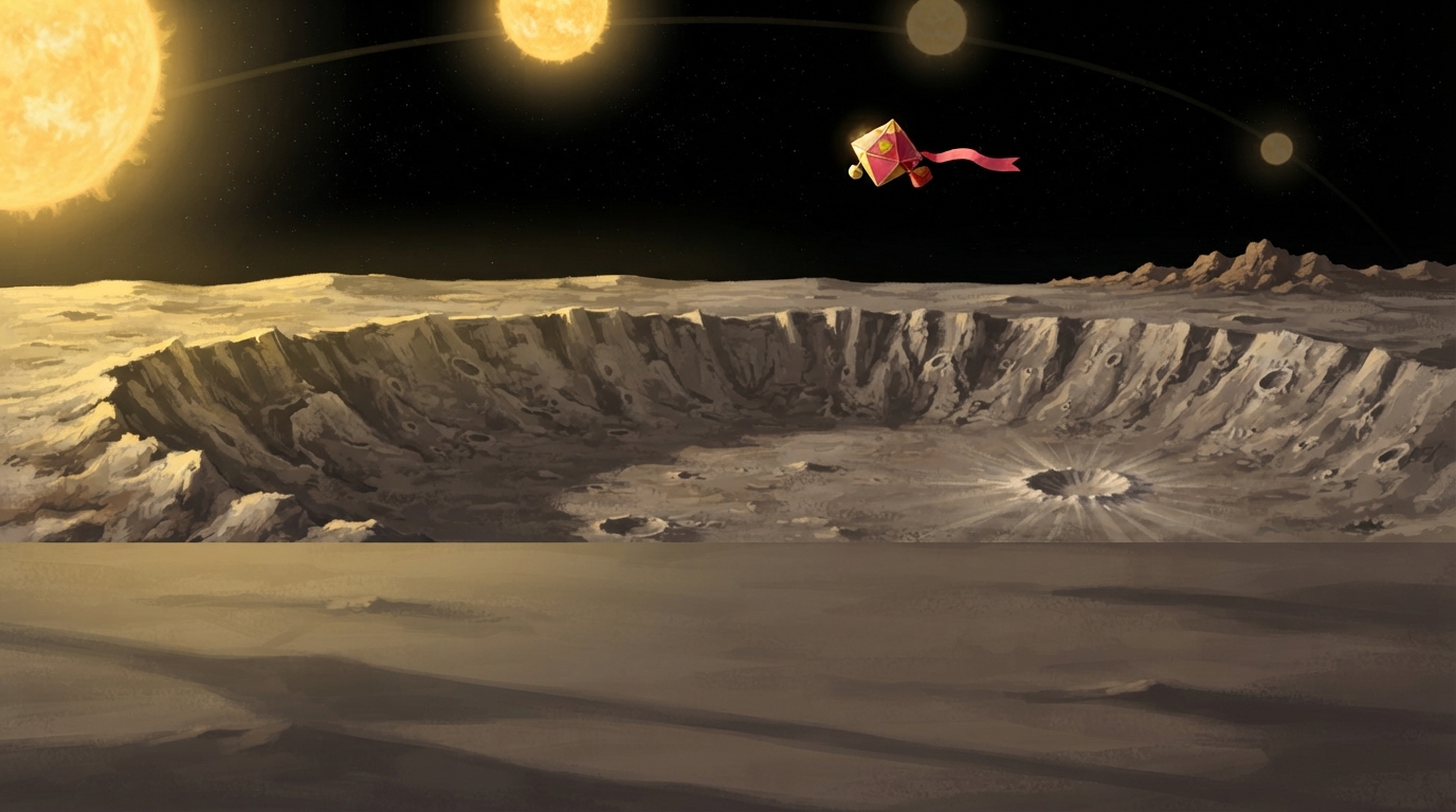 A tiny ship flies above Mercury’s cratered ground under several ghosted positions of the Sun.