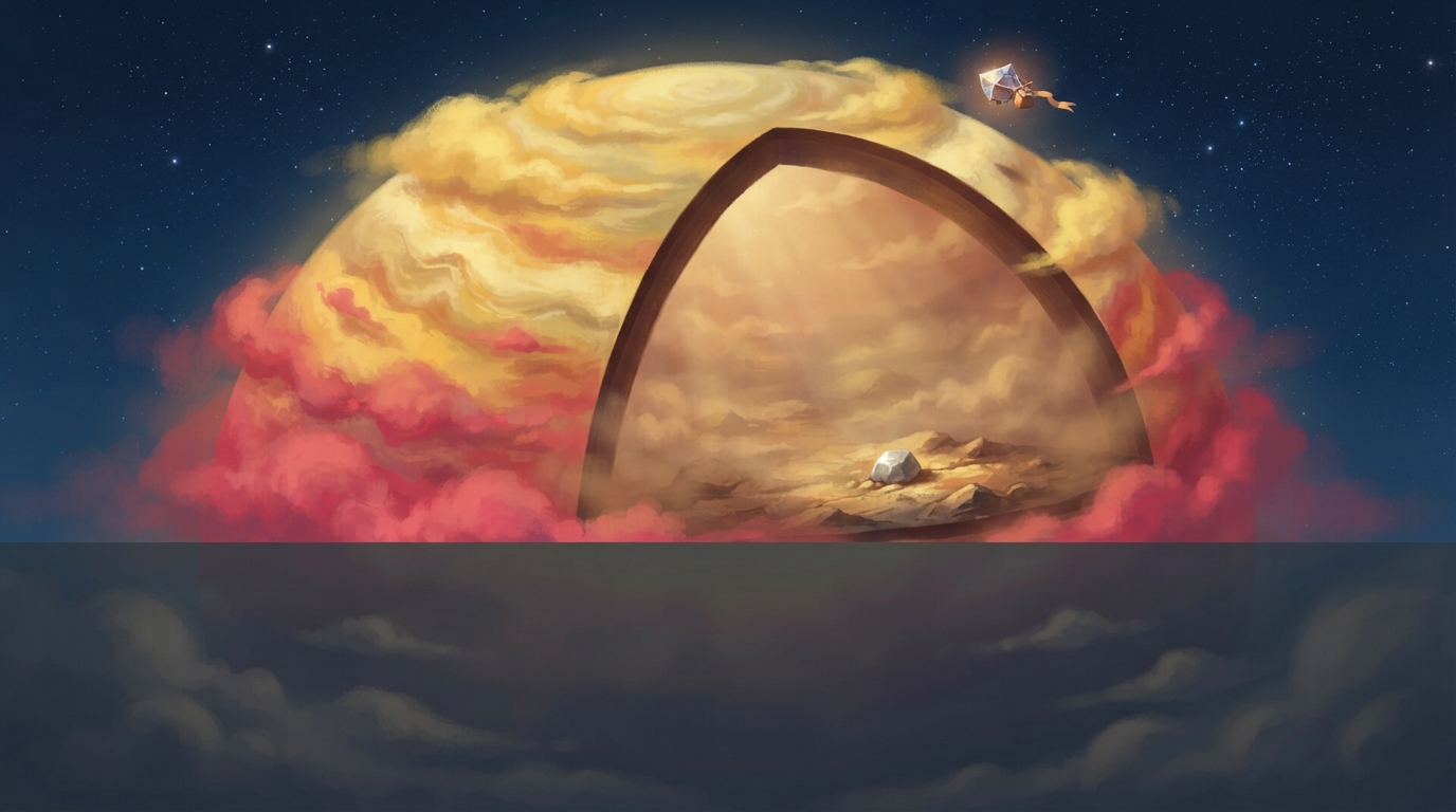 A cutaway of Venus shows thick clouds trapping heat above a surface hot enough to soften lead.