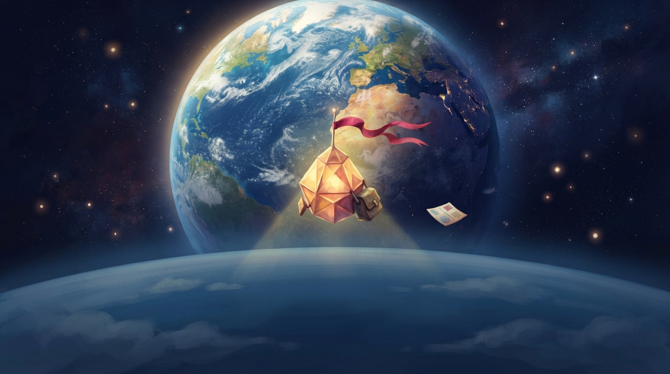 A tiny light-beam ship looks toward blue, cloud-covered Earth with a postcard floating nearby.