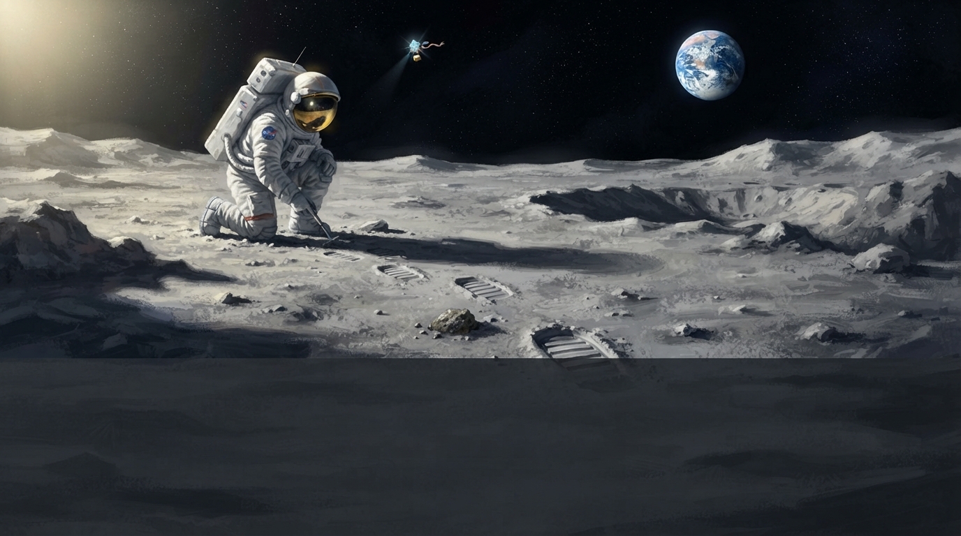 Crisp bootprints cross gray Moon dust near a suited astronaut and dark crater shadows.