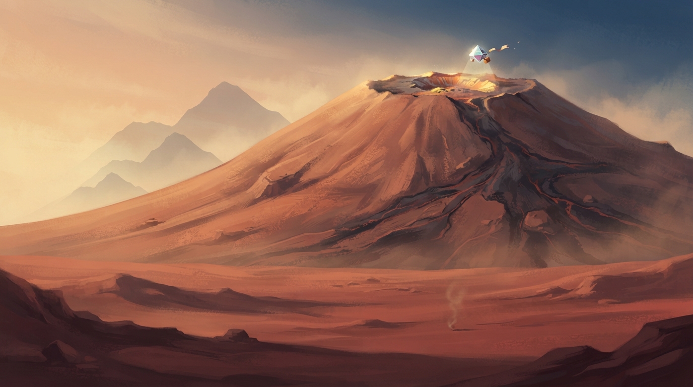 The huge broad volcano Olympus Mons rises over Mars beside three faint stacked mountain shapes.