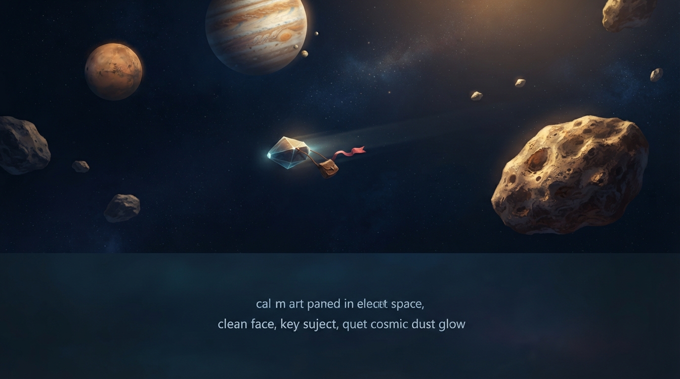 A tiny light-beam ship travels through a very spacious asteroid belt with only a few distant rocks.