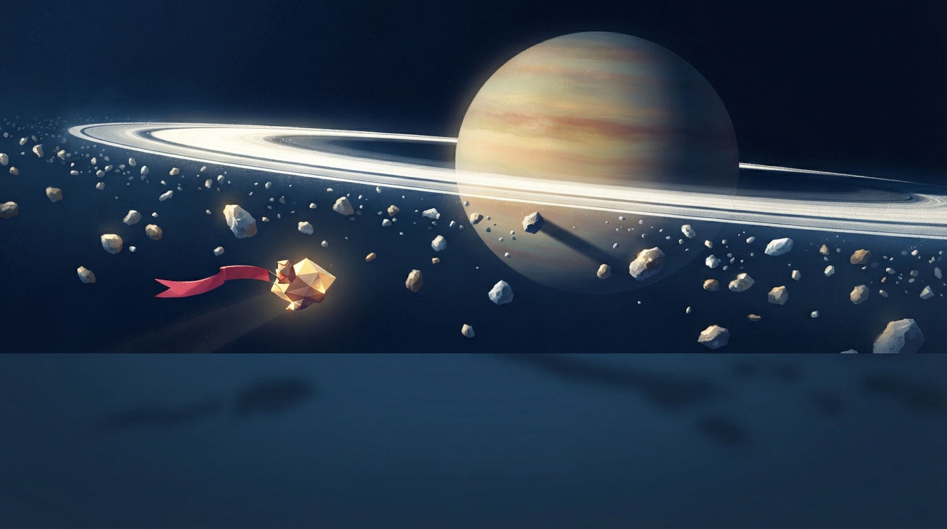 Saturn’s rings look like a thin line from the side, while separate ice pieces orbit nearby.