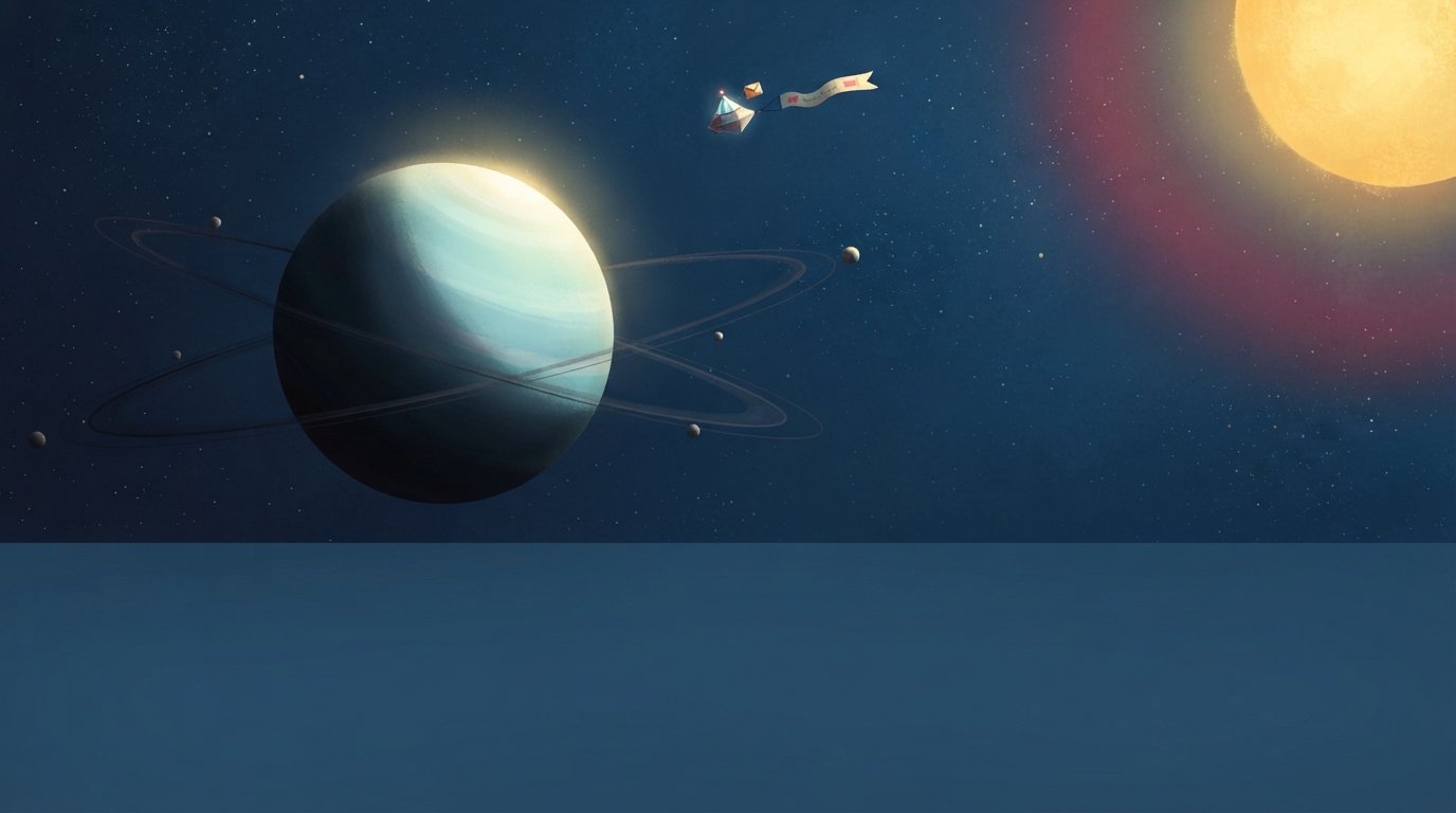 Sideways-tilted Uranus travels around a distant Sun with one pole lit and the other dark.