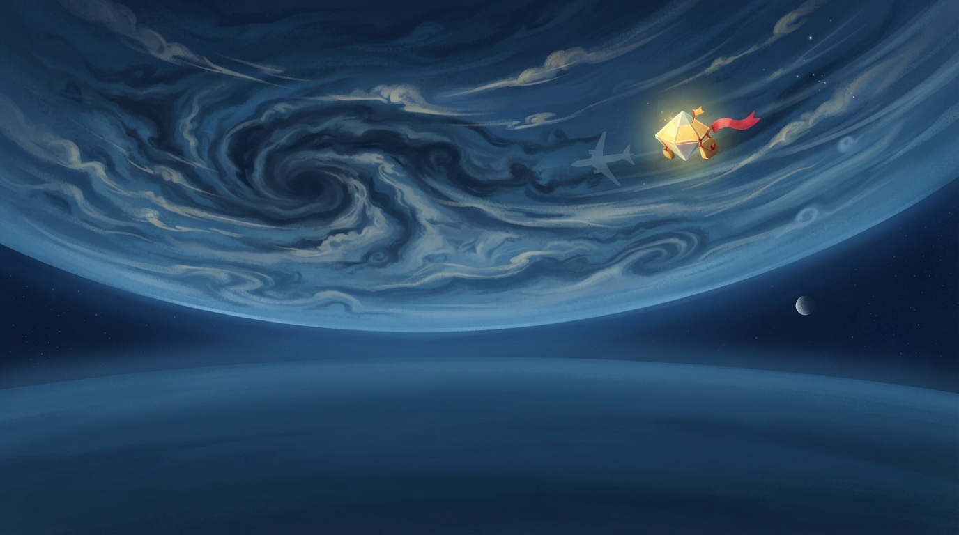 The tiny light-beam ship hovers above Neptune’s swirling blue clouds beside a faint jet comparison.