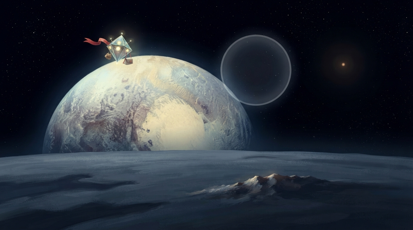 The light-beam ship hovers above Pluto’s bright heart-shaped region under a tiny distant Sun.
