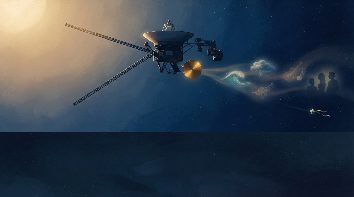 Voyager 1 travels into dark space with its Golden Record glowing warmly.