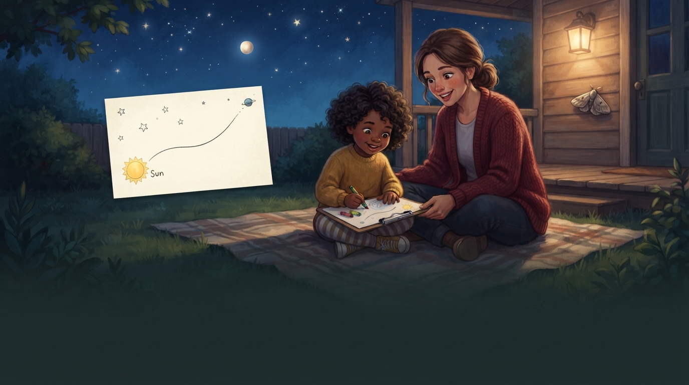 A child and grown-up draw a night-sky postcard together under stars in a backyard.
