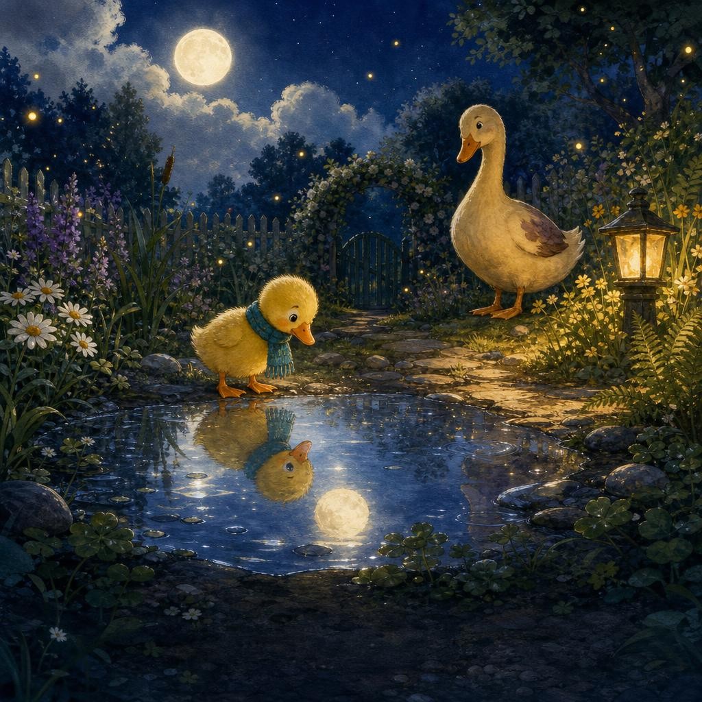 Lulu Duck finds the full moon reflected in a silver garden puddle.
