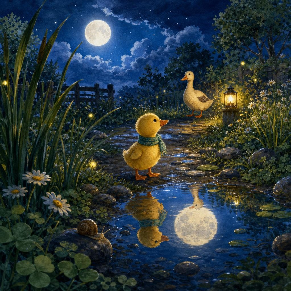Lulu looks from a silver moon in a puddle to the full moon in the sky.