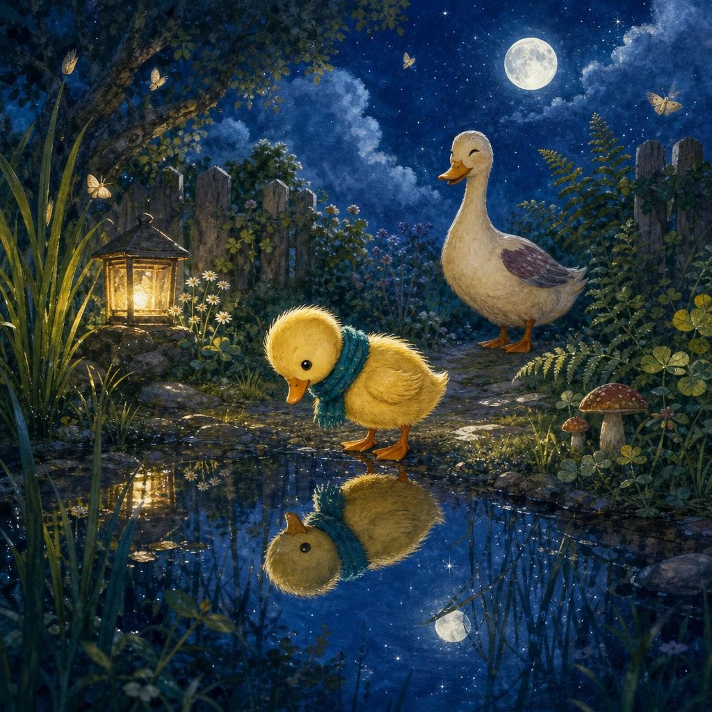 The moon reflection becomes round again when Lulu and the puddle are still.