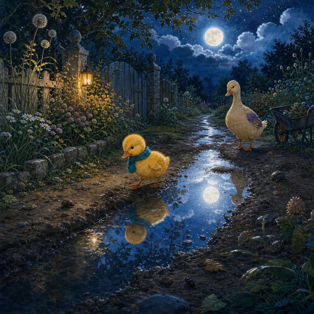 Lulu finds the moon reflected in a long puddle along the garden lane.