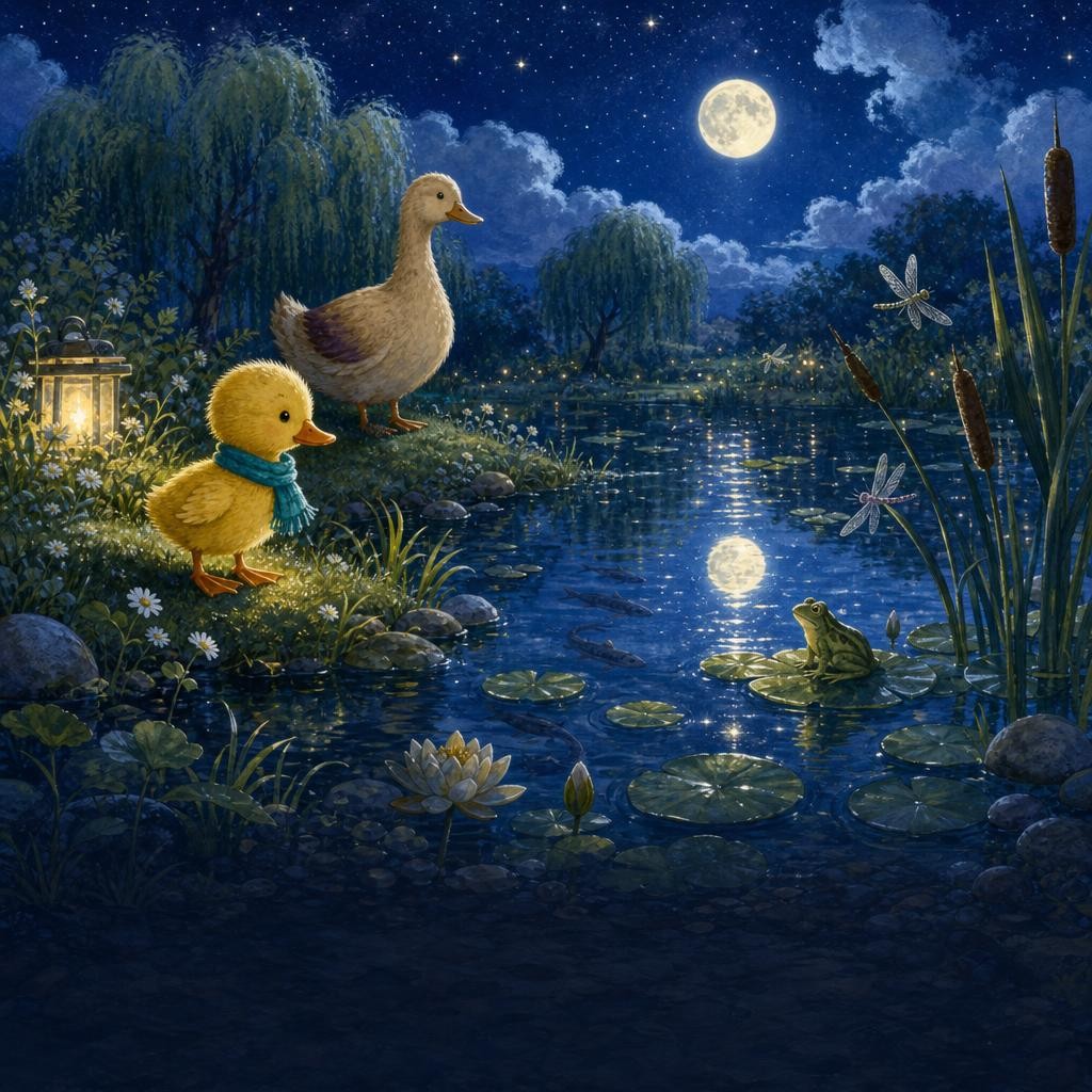 Lulu asks a frog about the moon reflected among the lily pads.