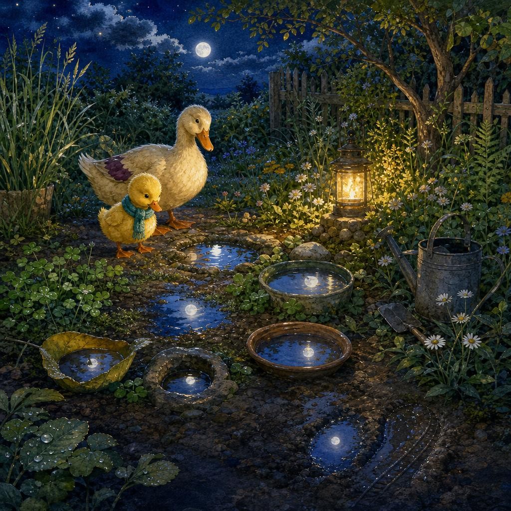 Lulu sees moon reflections in many small pools across the garden.