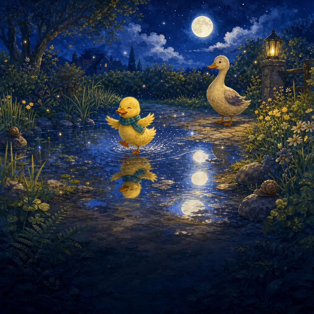 Lulu turns among many moon reflections while Mama Duck asks her to keep looking.