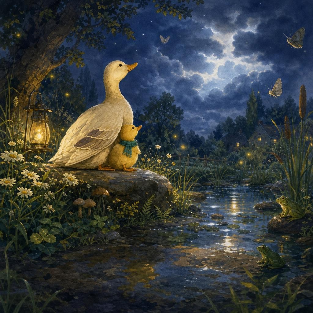 Mama Duck holds Lulu close while they wait beneath the cloudy sky.