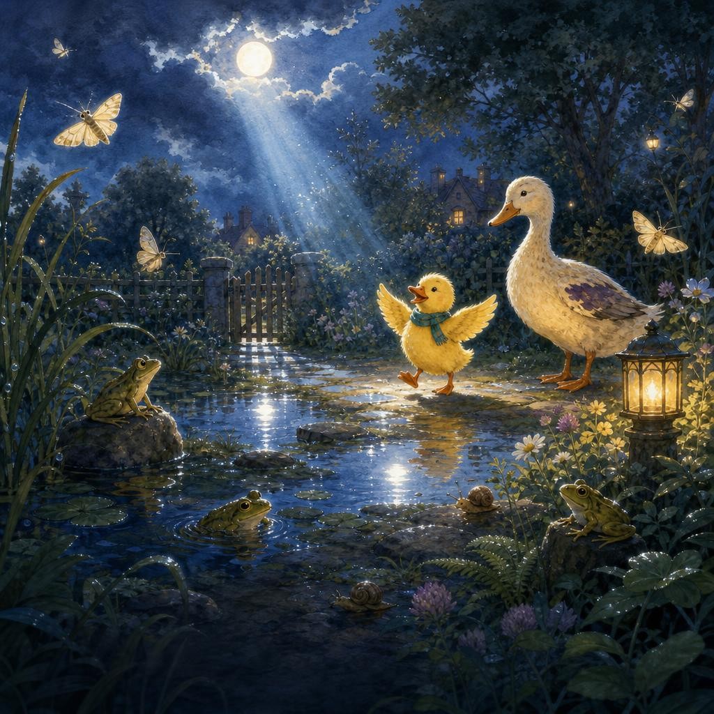 Silver moonlight returns to every puddle as Lulu and Mama watch.