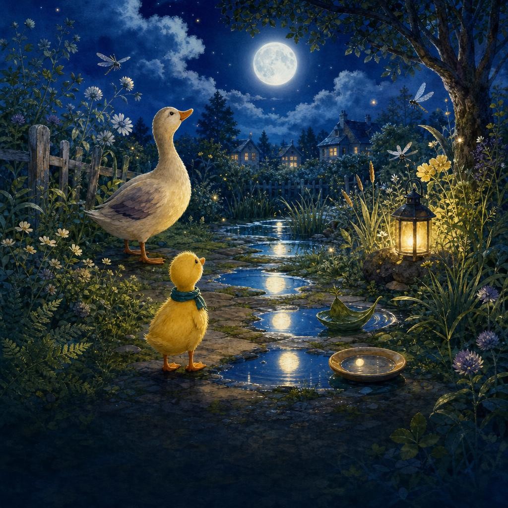 Lulu sees that one moon makes many reflections in the garden water.