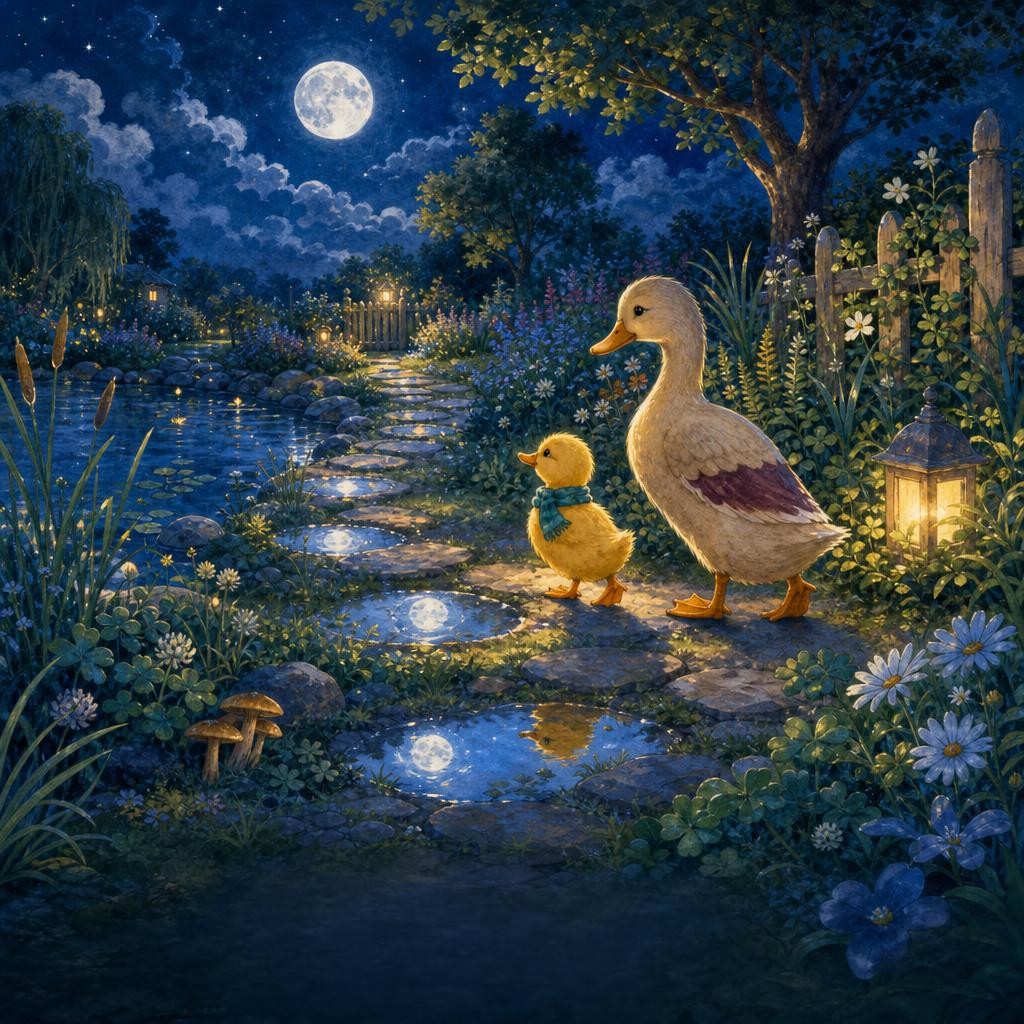 Lulu and Mama follow a trail of reflected moons along the garden path.