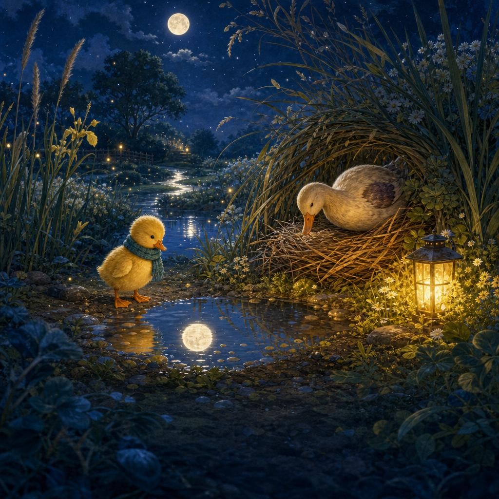 Lulu stands still beside one round moon reflection near her reed nest.