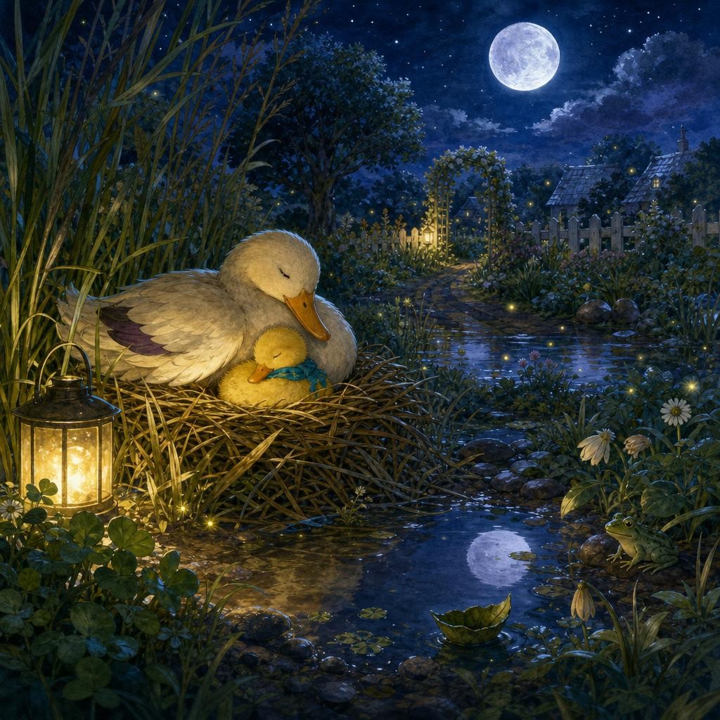 Lulu sleeps beneath Mama’s wing while the moon shines above and in a nearby puddle.