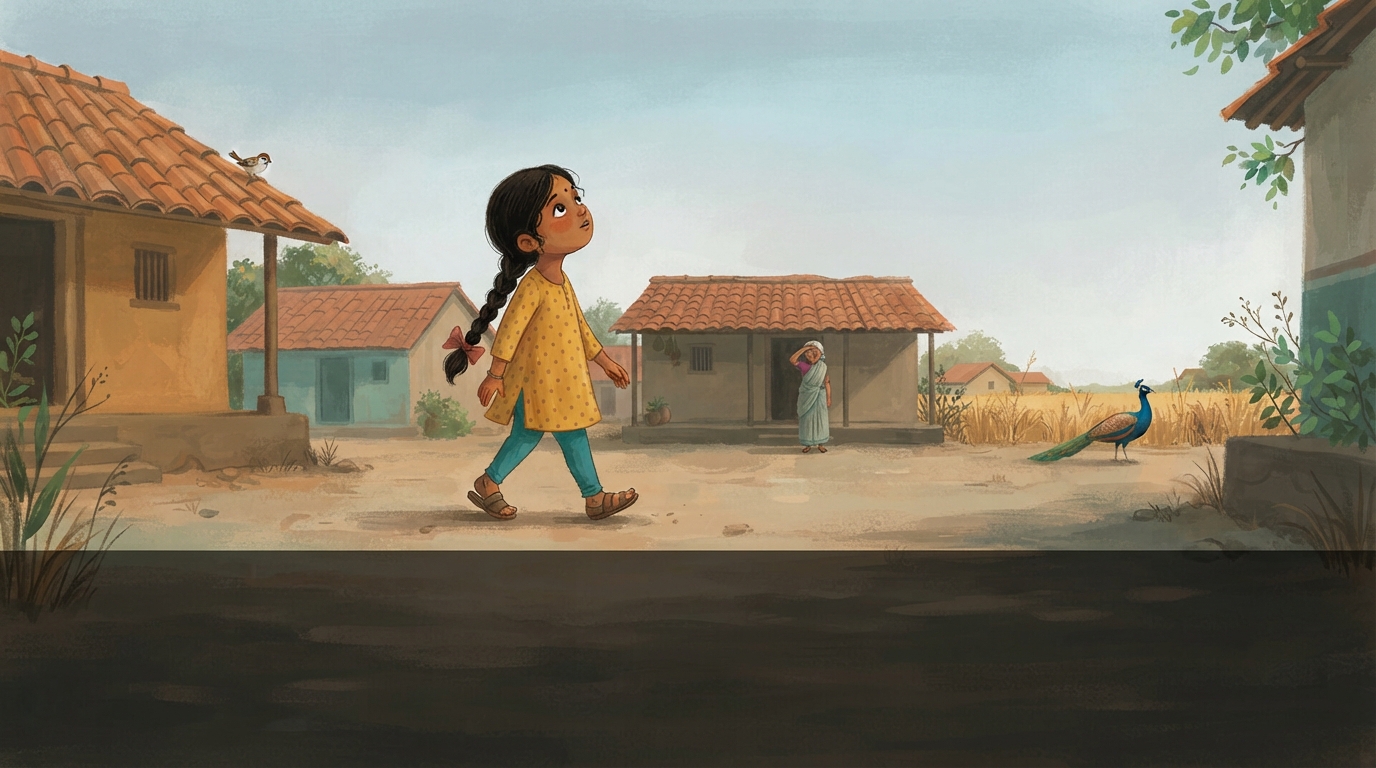 Meera walks across a dry village square and looks up at a huge pale sky.