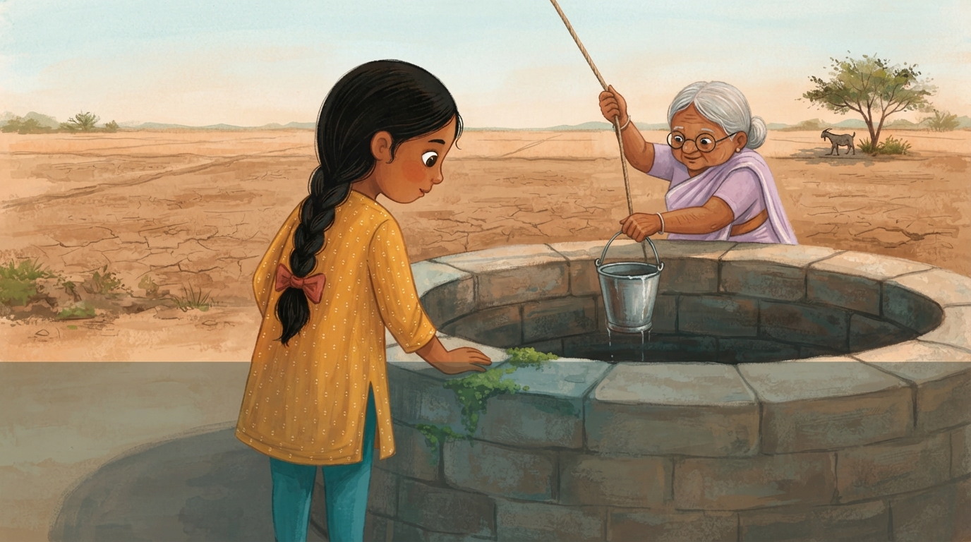 Ajji carefully pulls a small bucket of water from a deep stone well as Meera watches.