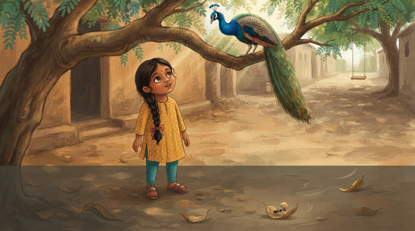 Meera looks up at a peacock with its long tail closed on a tamarind branch.