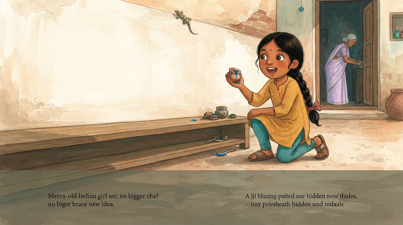 Meera holds a tiny pot of bright blue paint beside a blank courtyard wall.