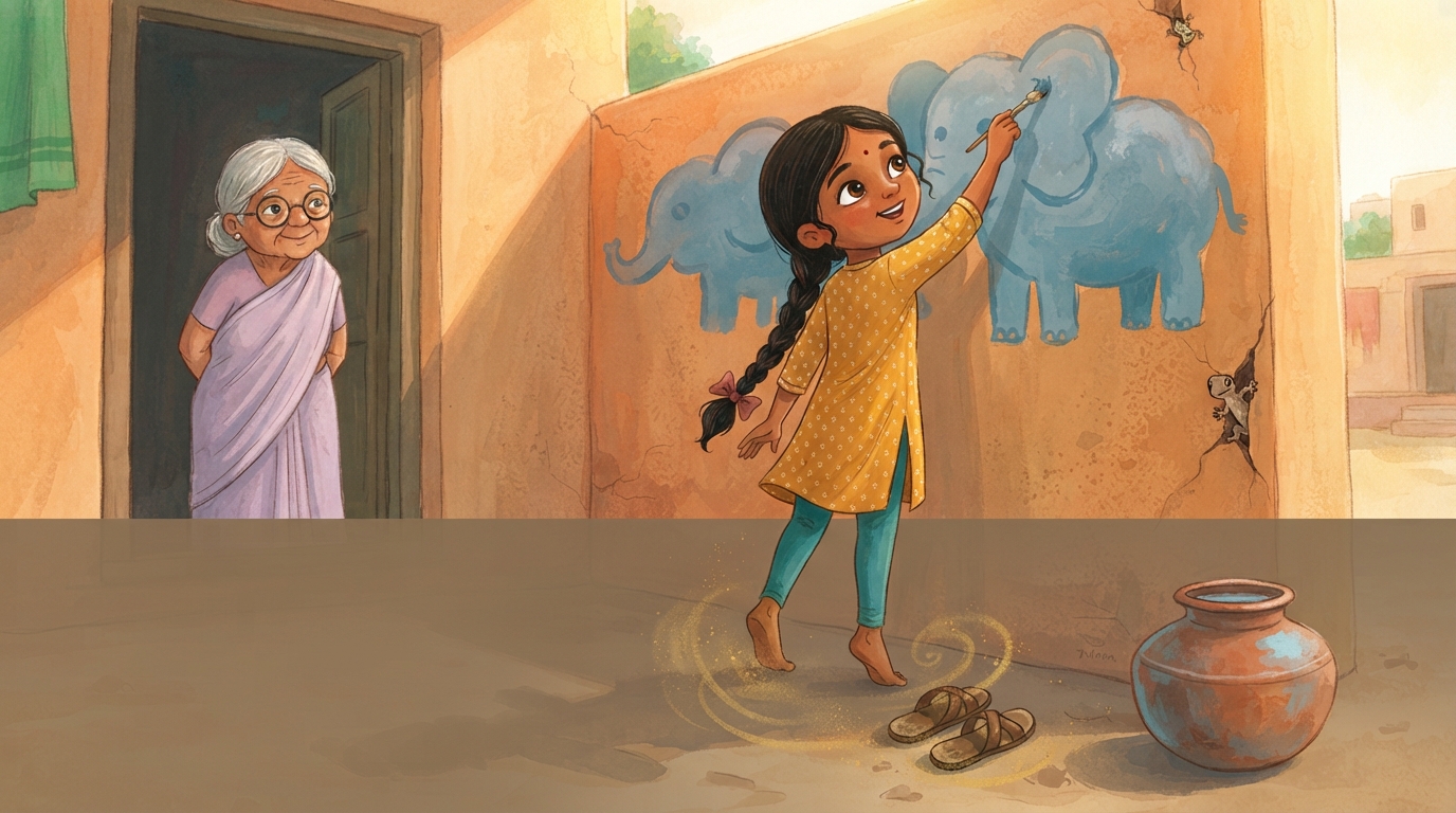 Meera stands on tiptoe to paint huge blue-gray clouds on a courtyard wall while Ajji watches.