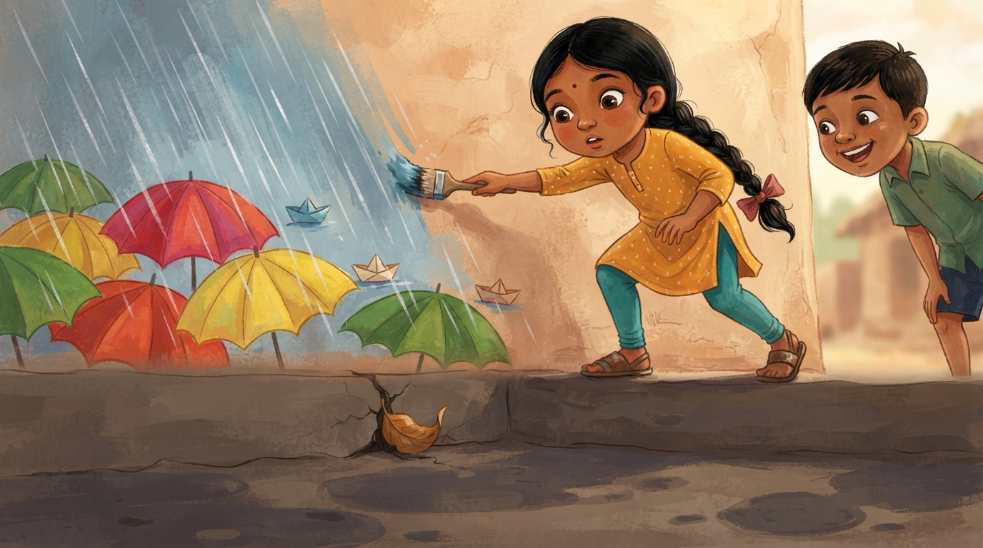 Meera paints silver rain and colorful umbrellas as Kiran leans close to look.