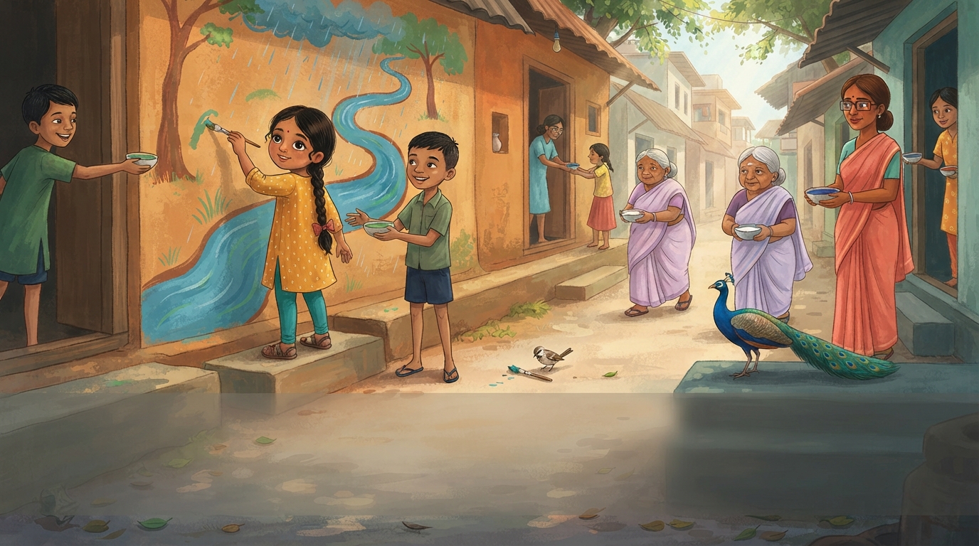 Neighbors bring bowls of paint to Meera, Kiran, Ajji, and Mrs. Lata at the mural.