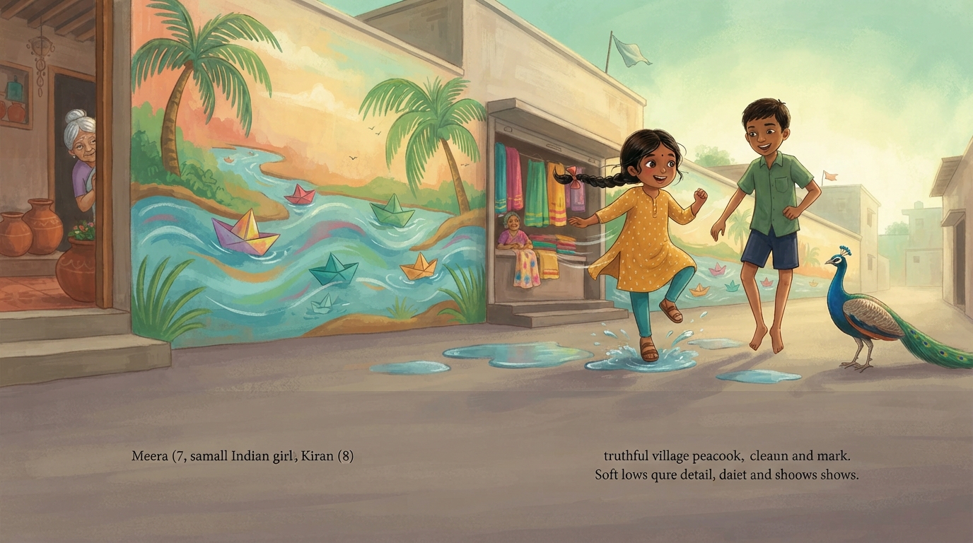 Meera and Kiran stand beside a long rain mural as a cool wind blows down the village street.