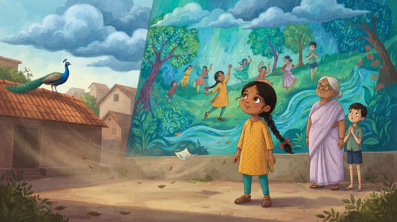 Meera stands under low dark clouds and looks up beside her painted wall.