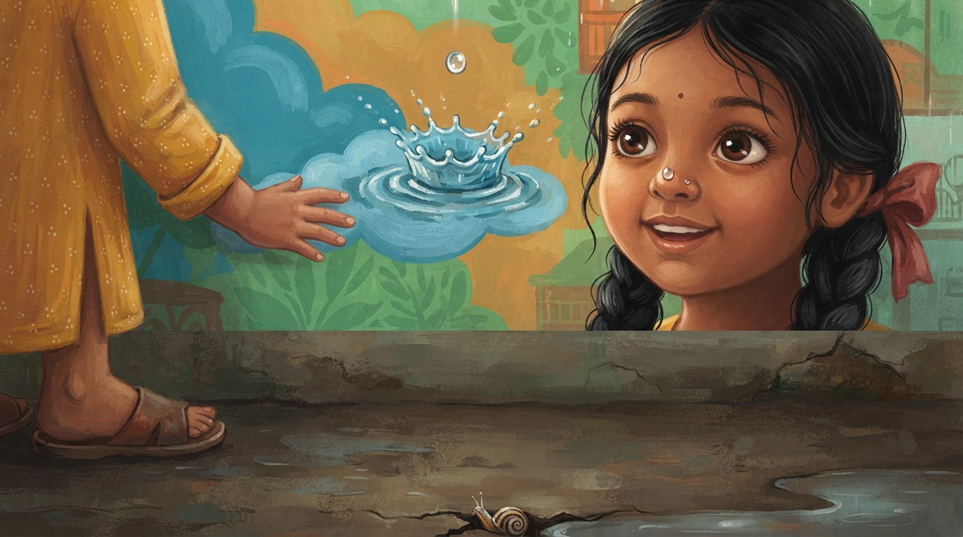 A raindrop splashes on Meera’s blue mural as another drop lands on her nose.