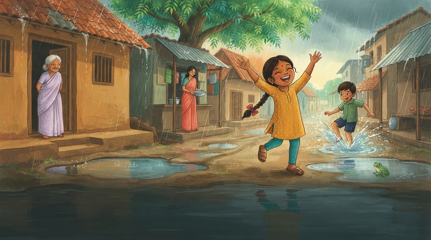 Meera and Kiran celebrate as heavy rain fills the village lane with puddles.