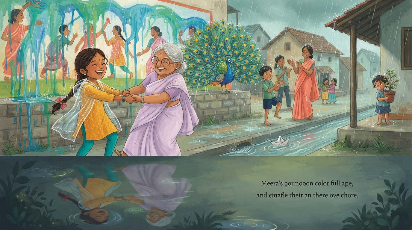 Meera dances with Ajji in the rain while the peacock spreads its tail beside the painted wall.