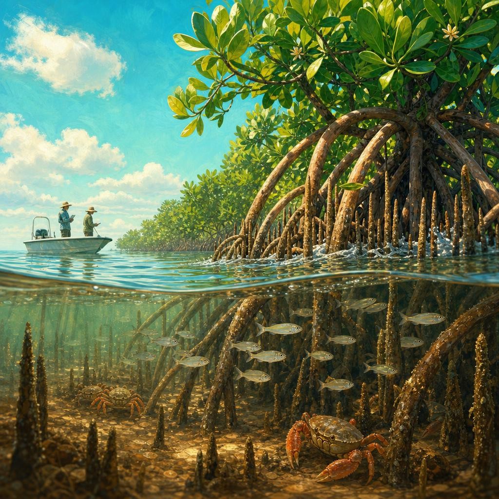 Young fish and crabs shelter among mangrove roots beneath an emerald coastal forest.