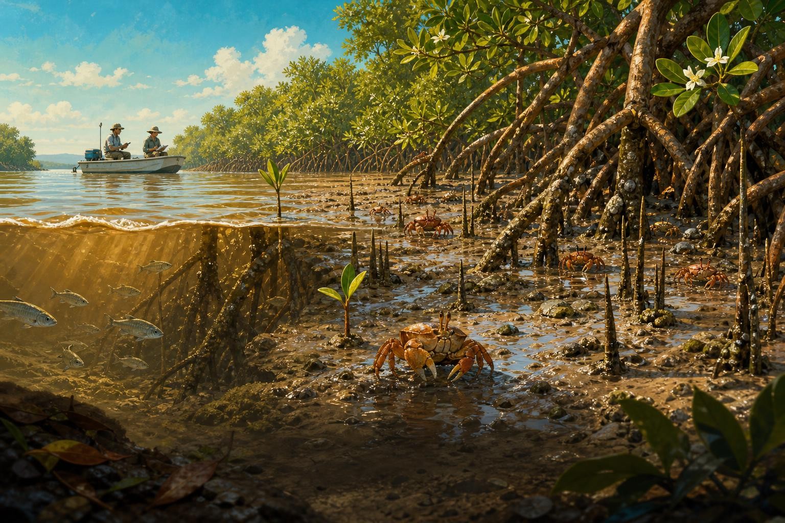 High and low tide reveal different parts of the same mangrove forest.