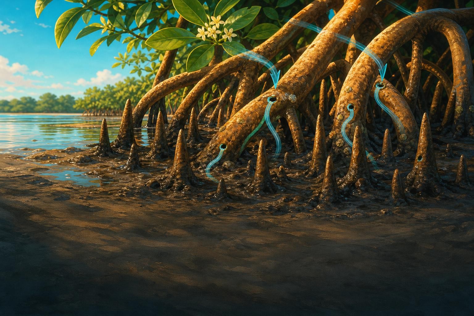 Prop roots and upright breathing roots reach above mangrove mud.