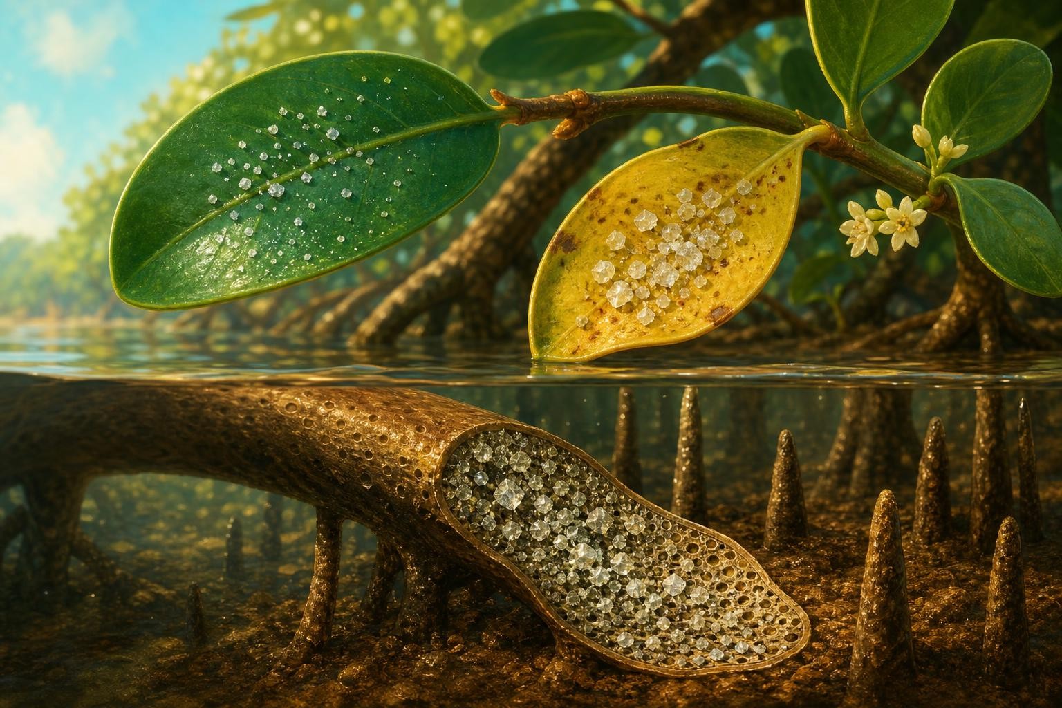 Mangrove roots and leaves use several ways to manage salt.