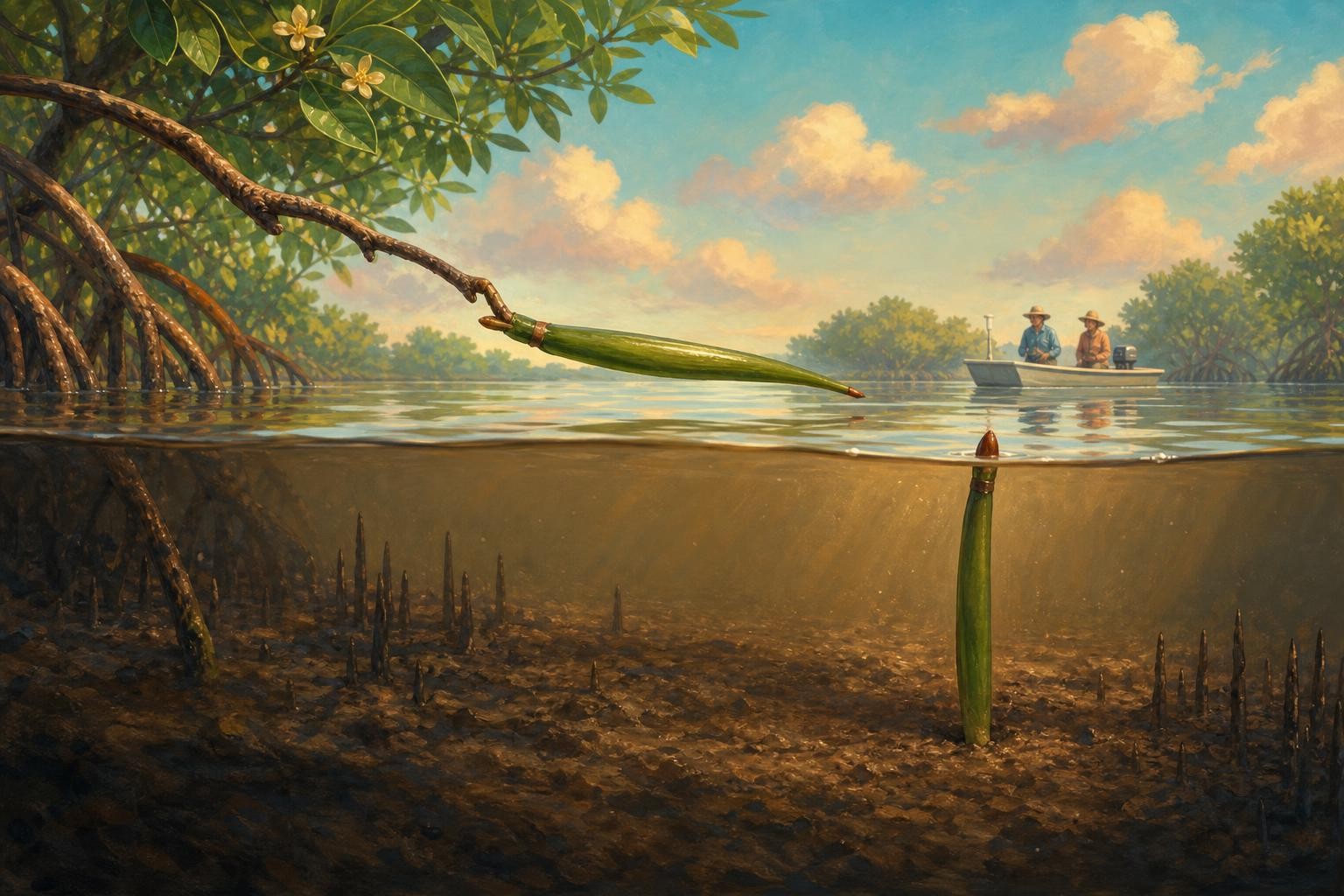 A mangrove seedling floats with the tide and lodges in soft mud.