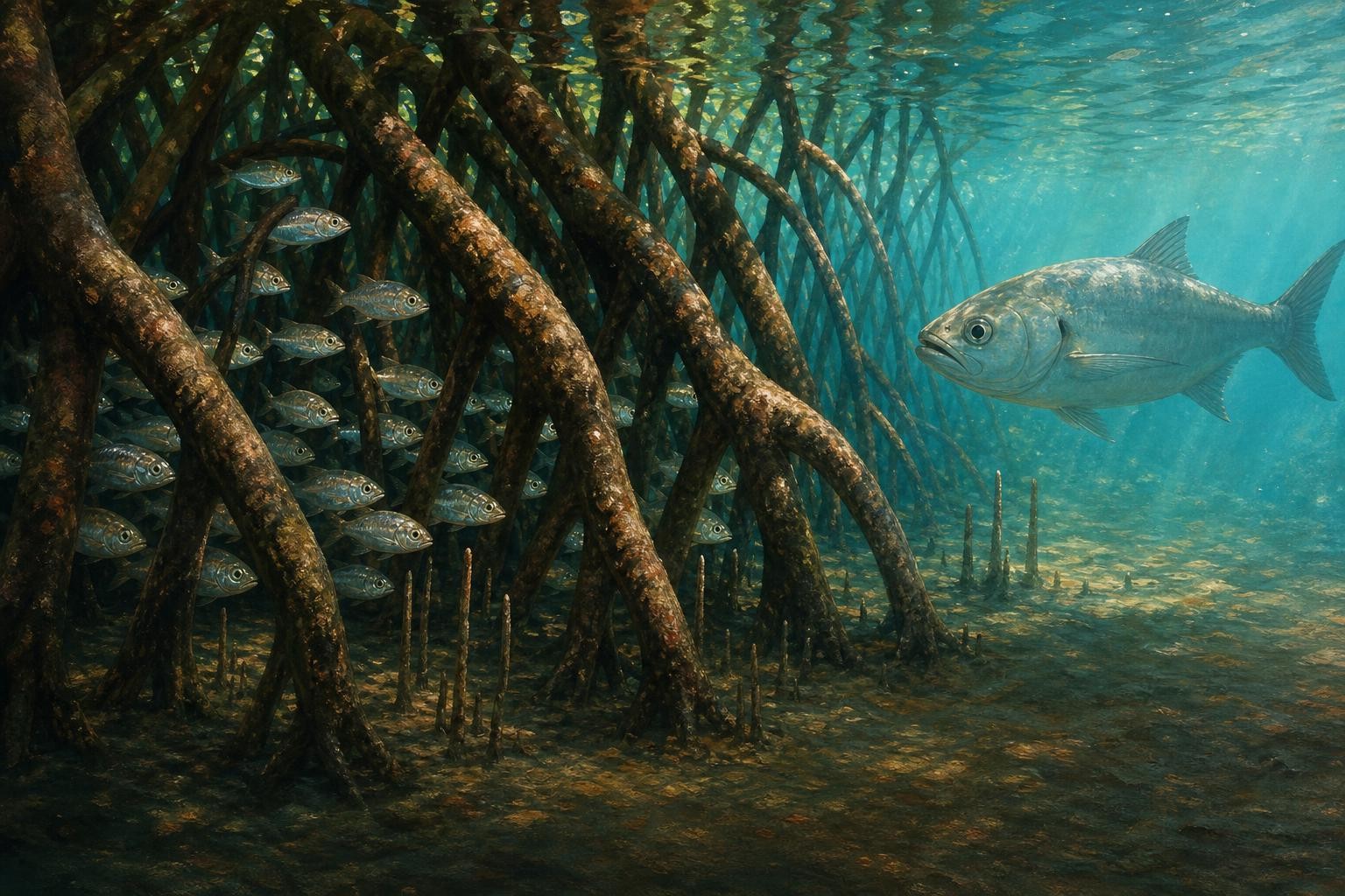 Young silver fish shelter in narrow spaces among mangrove roots.