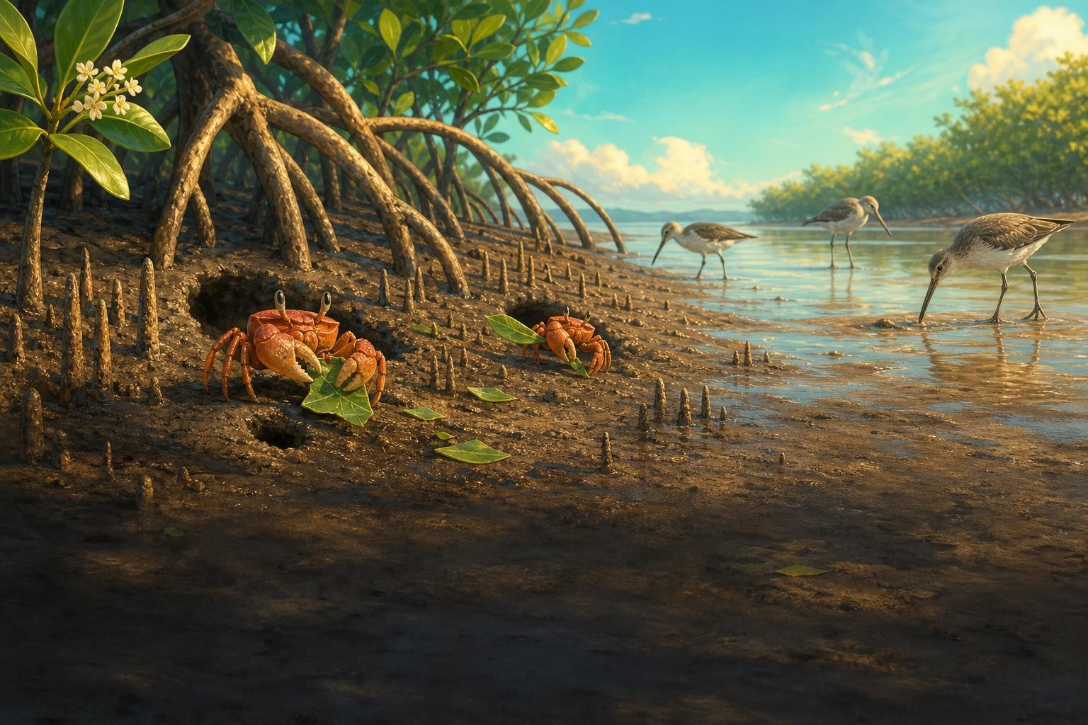 Mangrove crabs move leaf pieces and dig burrows in the mud.
