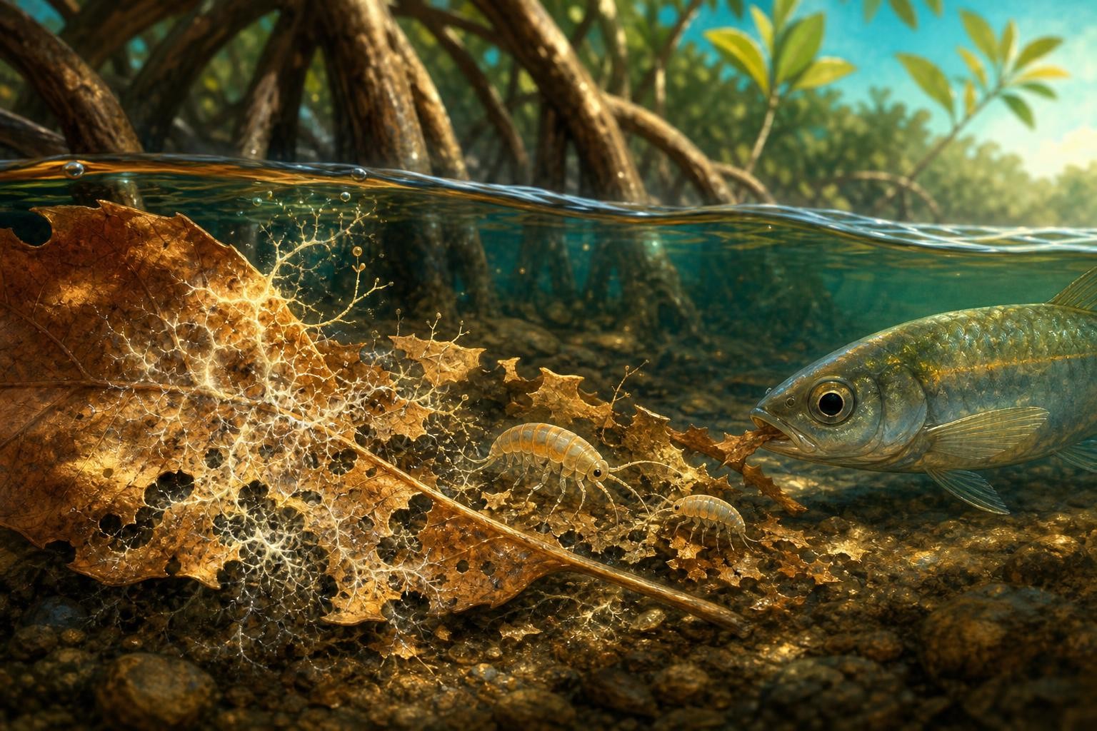 A fallen mangrove leaf becomes food for microbes and small animals.