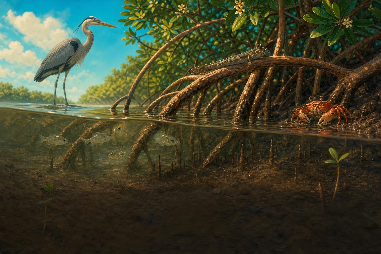 Fish, a crab, a mudskipper, and a heron use different parts of a mangrove creek.